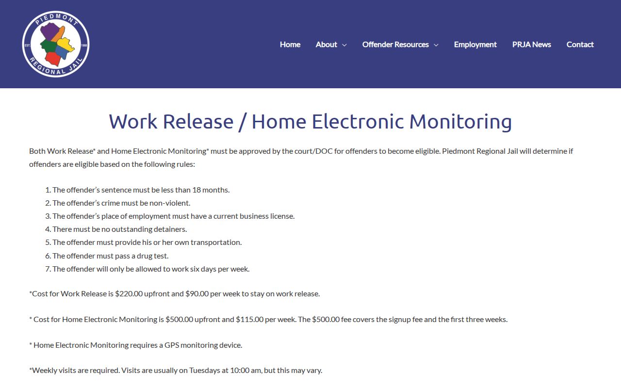 Piedmont Regional Jail alternative custody rules and release status