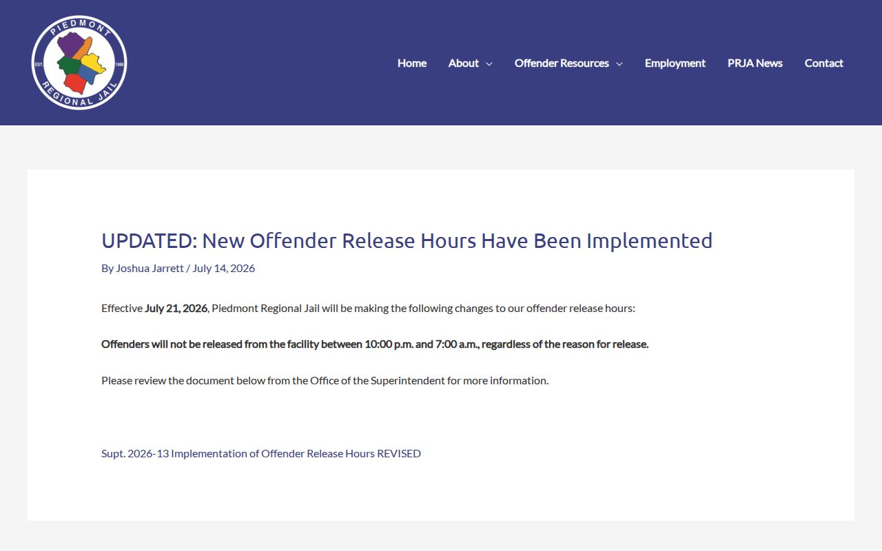 Piedmont Regional Jail release-hours notice