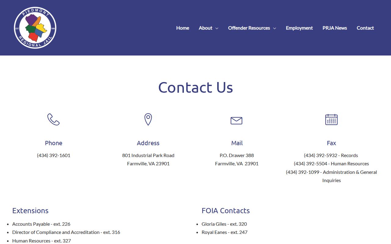Piedmont Regional Jail contact source for Nottoway County released inmate mugshot records
